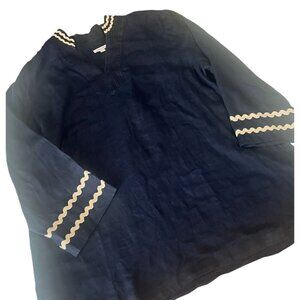 Chico's Blue Long Sleeve Ric Rac Trim V Neck Linen Top Size 18